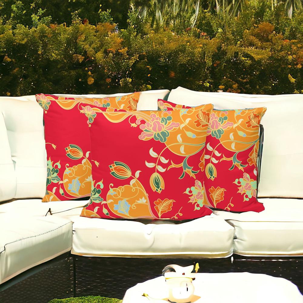 Set of Three 16" X 16" Green and Red Botanical Indoor Outdoor Throw Pillow. Picture 2