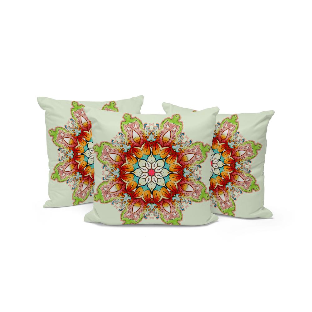 Set of Three 16" X 16" Green and Pink Abstract Indoor Outdoor Throw Pillow. Picture 1