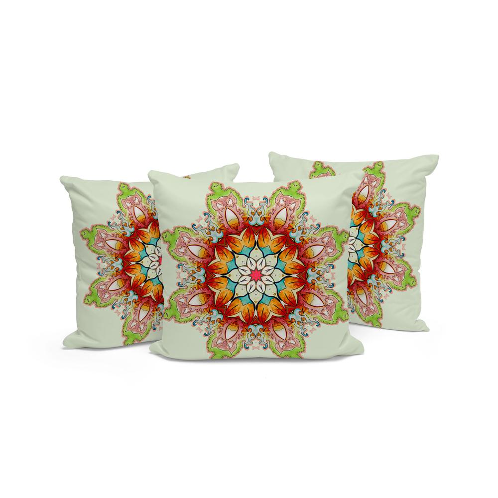 Set of Three 16" X 16" Green and Pink Abstract Indoor Outdoor Throw Pillow. Picture 4