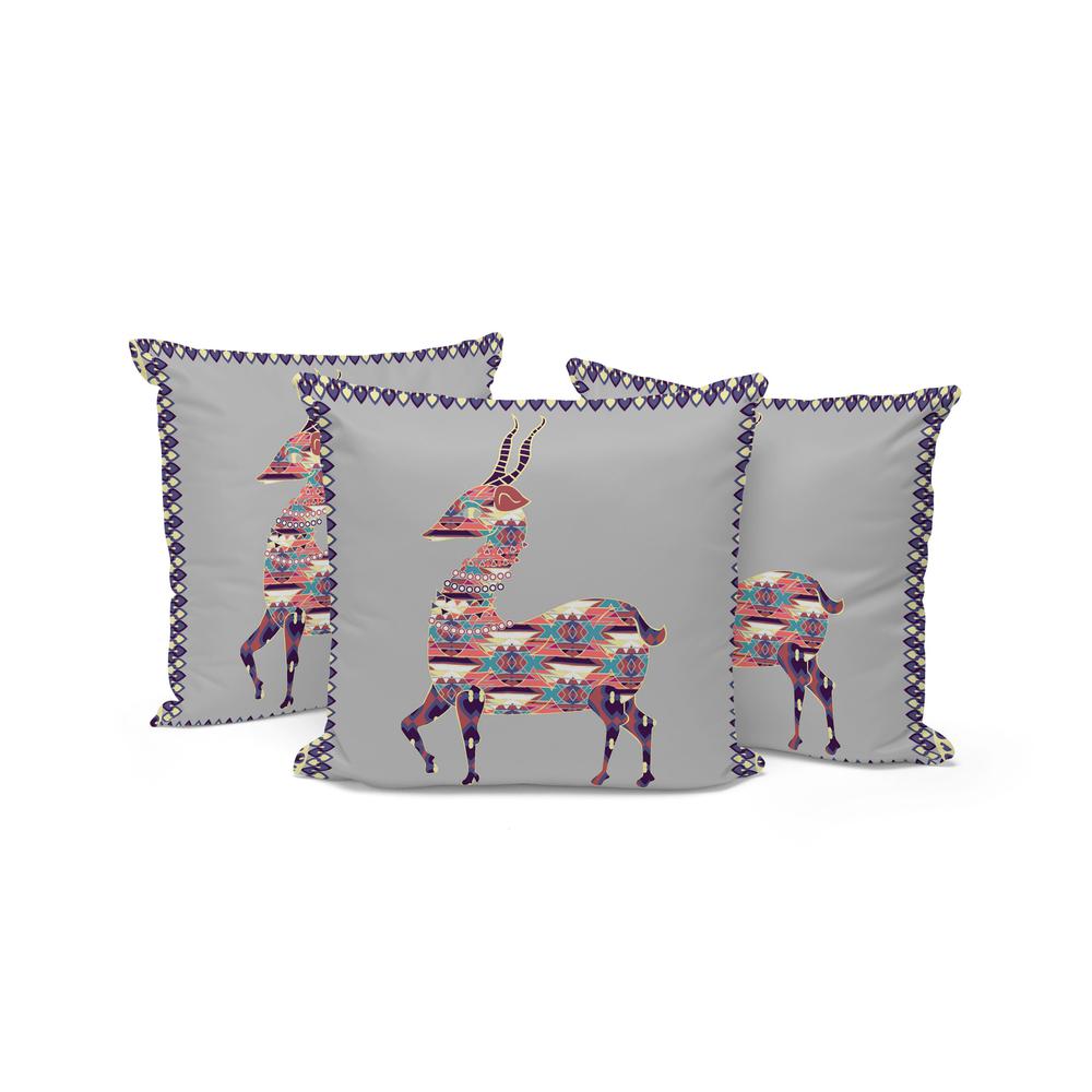 Set of Three 16" X 16" Gray and Purple Deer Indoor Outdoor Throw Pillow. Picture 1