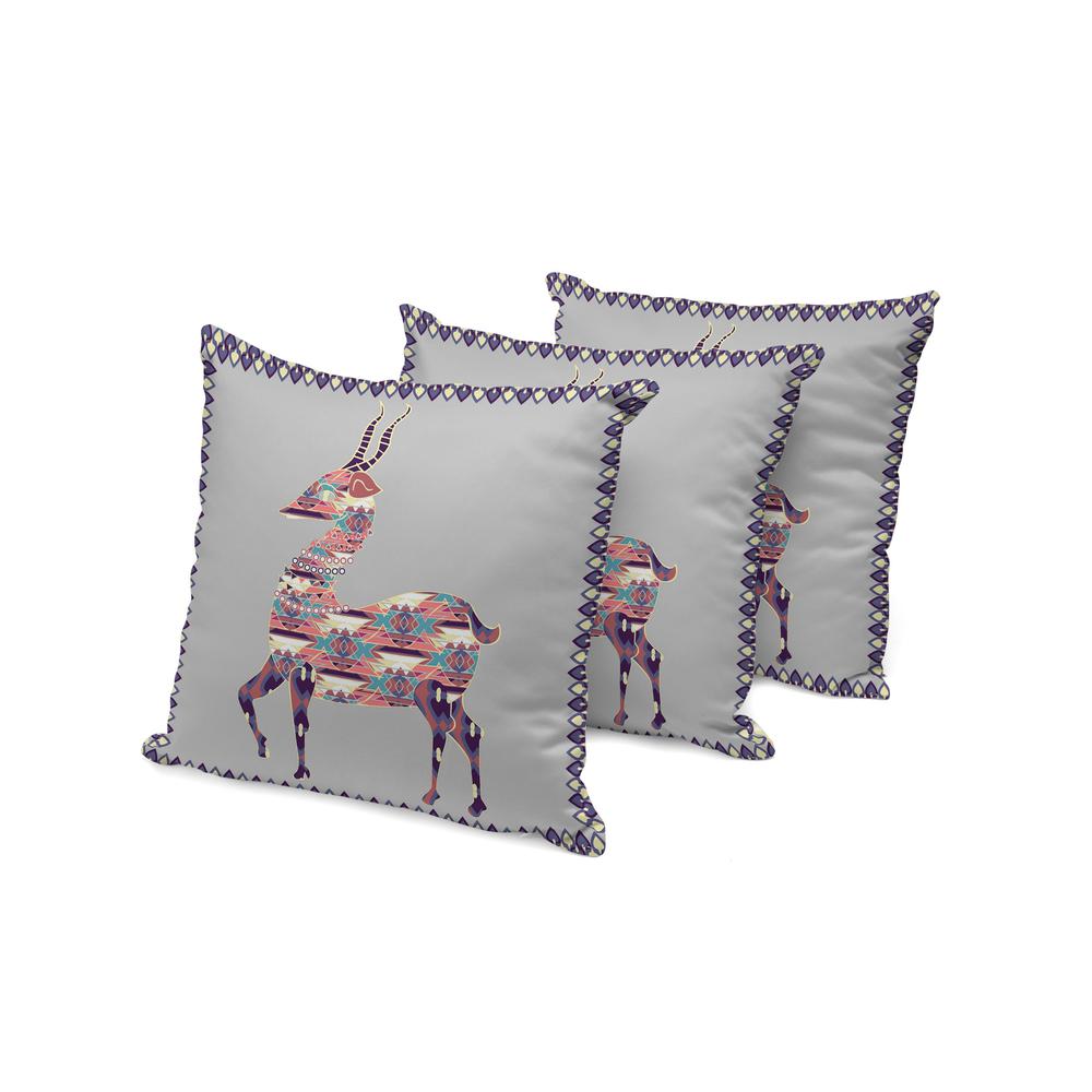 Set of Three 16" X 16" Gray and Purple Deer Indoor Outdoor Throw Pillow. Picture 3