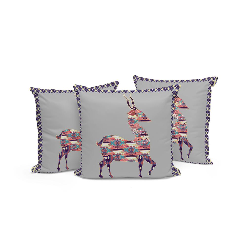 Set of Three 16" X 16" Gray and Purple Deer Indoor Outdoor Throw Pillow. Picture 4
