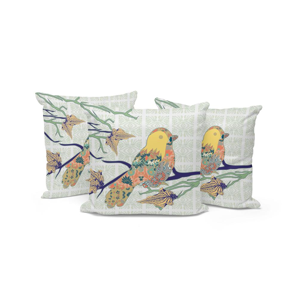 Set of Three 16" X 16" Green and White Bird Indoor Outdoor Throw Pillow. Picture 3