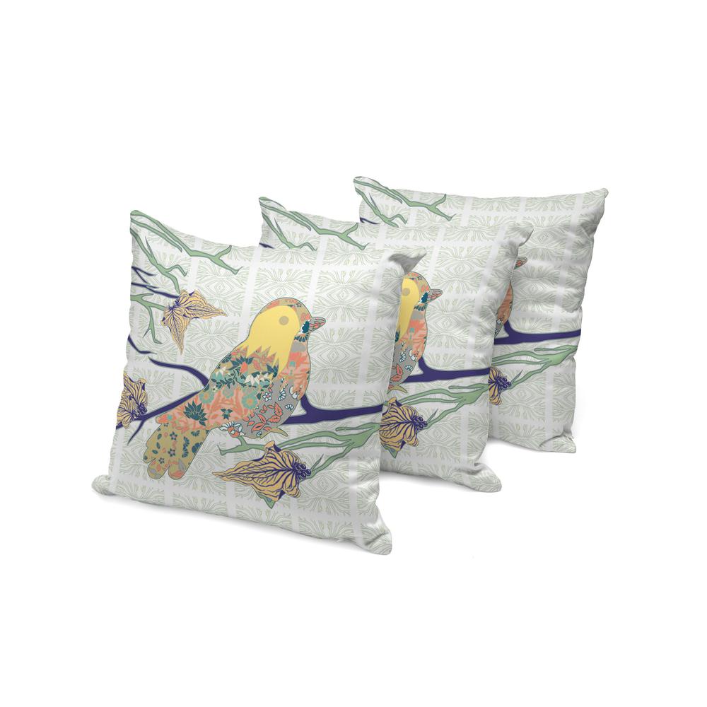 Set of Three 16" X 16" Green and White Bird Indoor Outdoor Throw Pillow. Picture 1