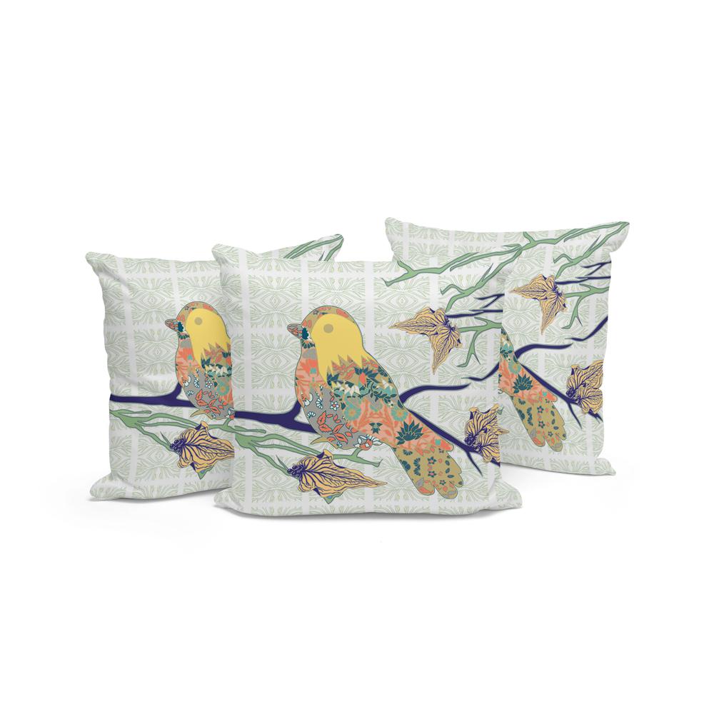 Set of Three 16" X 16" Green and White Bird Indoor Outdoor Throw Pillow. Picture 4