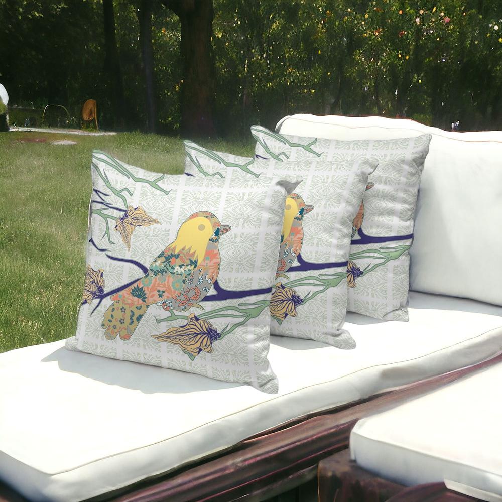 Set of Three 16" X 16" Green and White Bird Indoor Outdoor Throw Pillow. Picture 2