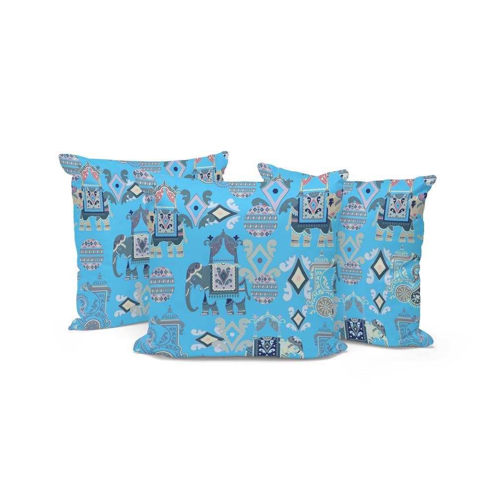 Set of Three 16" X 16" Blue, Gray Elephant Abstract Indoor Outdoor Throw Pillow. Picture 1