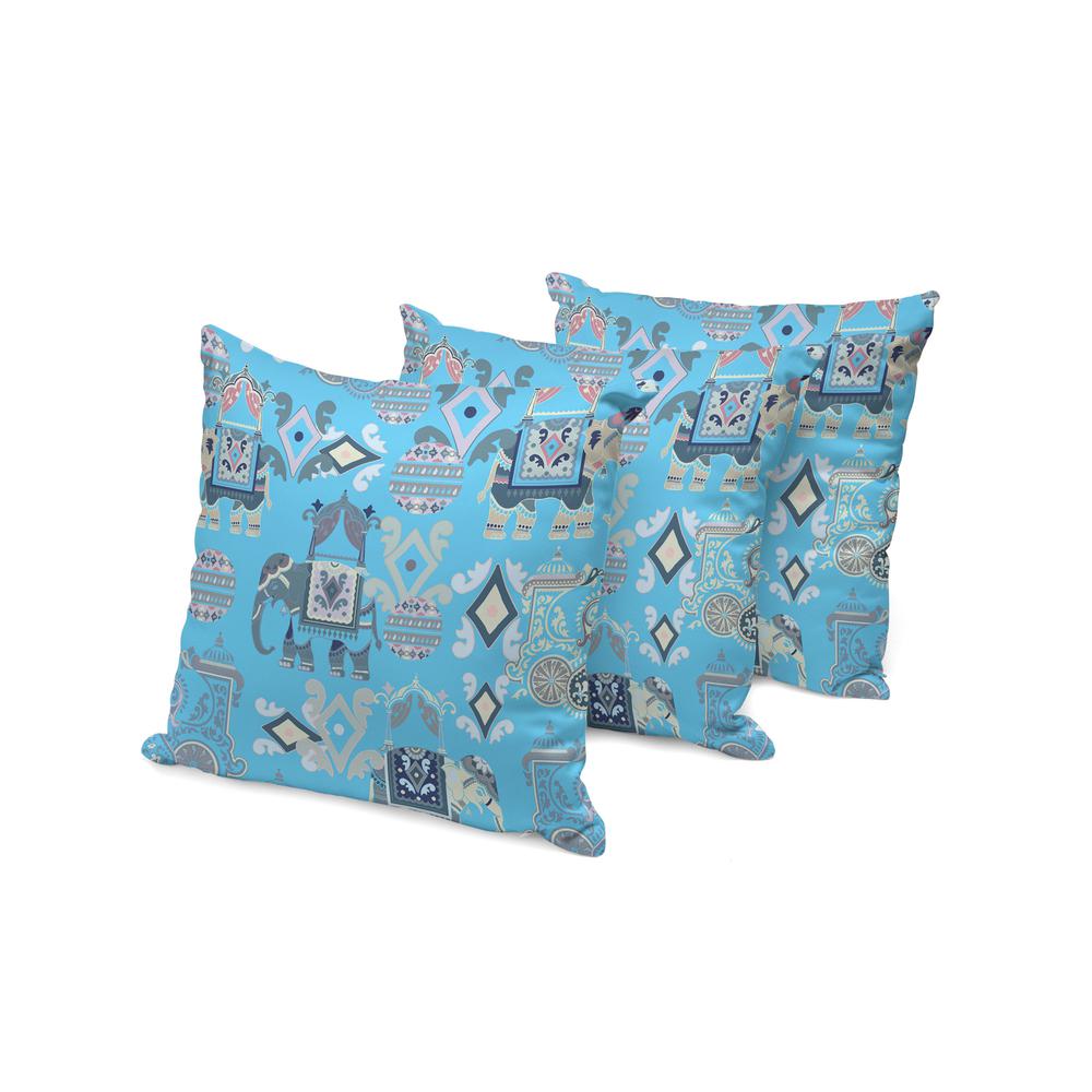 Set of Three 16" X 16" Blue, Gray Elephant Abstract Indoor Outdoor Throw Pillow. Picture 3