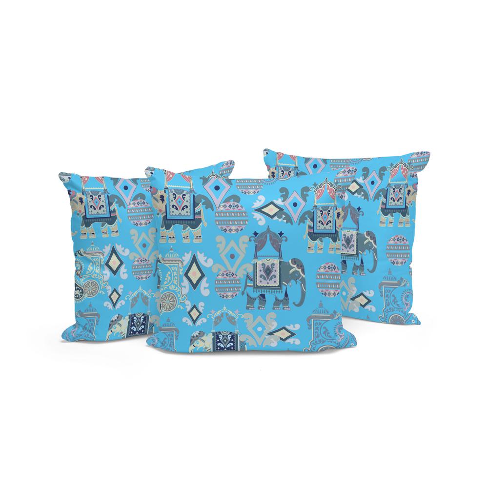 Set of Three 16" X 16" Blue, Gray Elephant Abstract Indoor Outdoor Throw Pillow. Picture 4