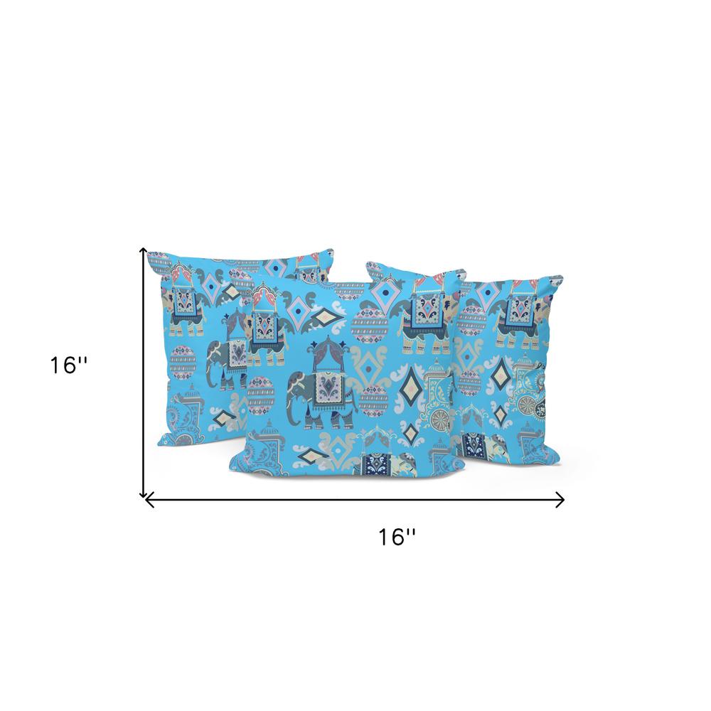 Set of Three 16" X 16" Blue, Gray Elephant Abstract Indoor Outdoor Throw Pillow. Picture 6