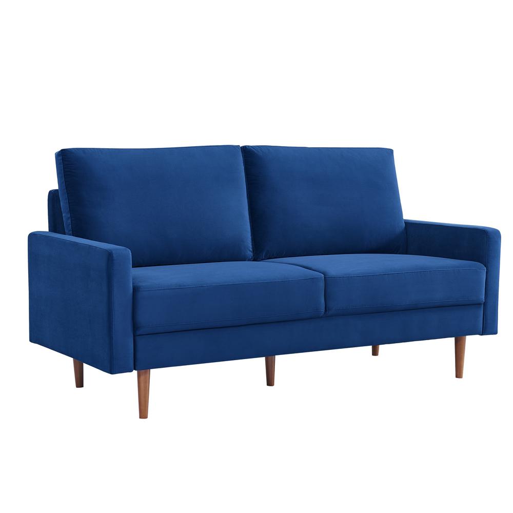 69" Blue Velvet and Dark Brown Sofa. Picture 1