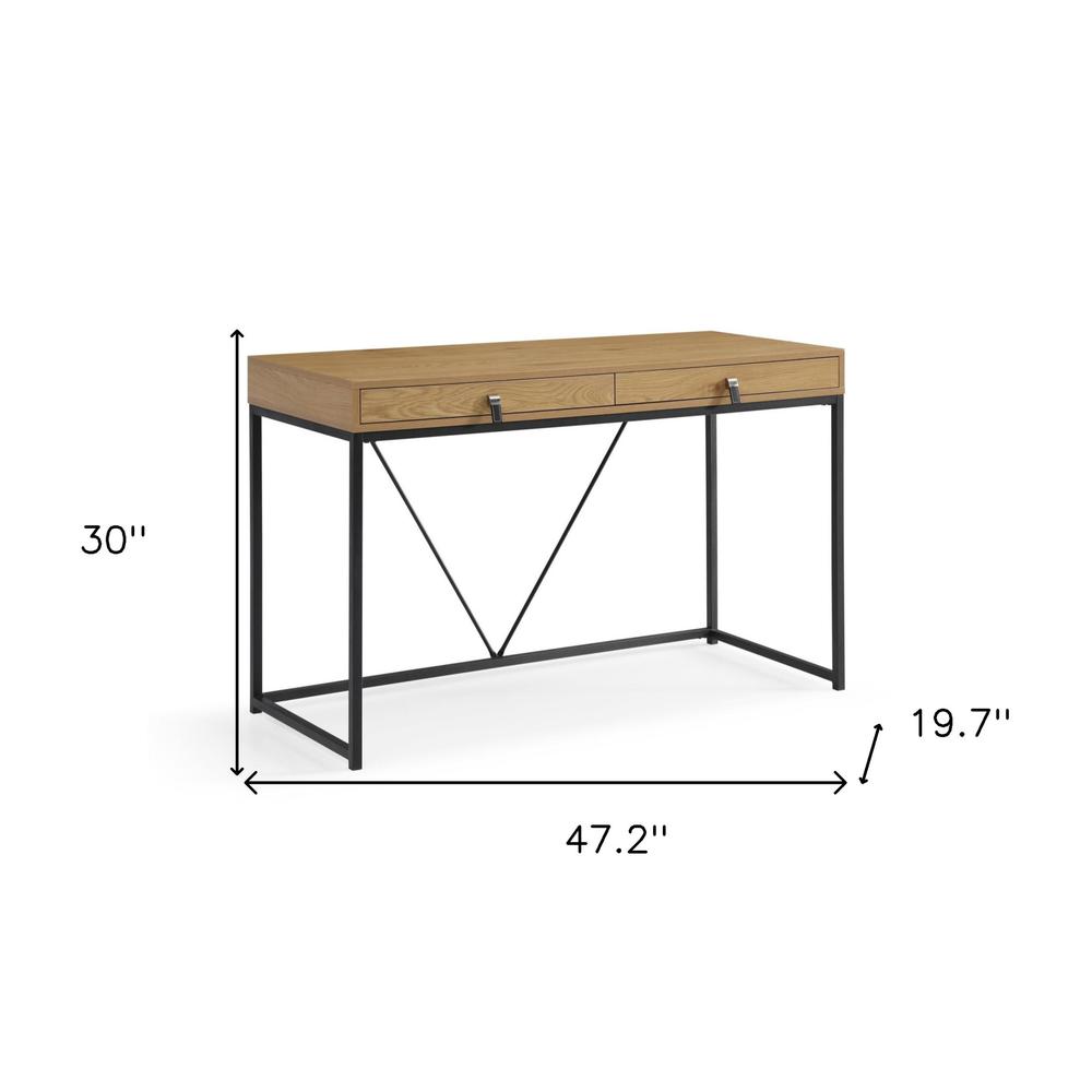 47" Natural and Black Writing Desk With Two Drawers. Picture 9