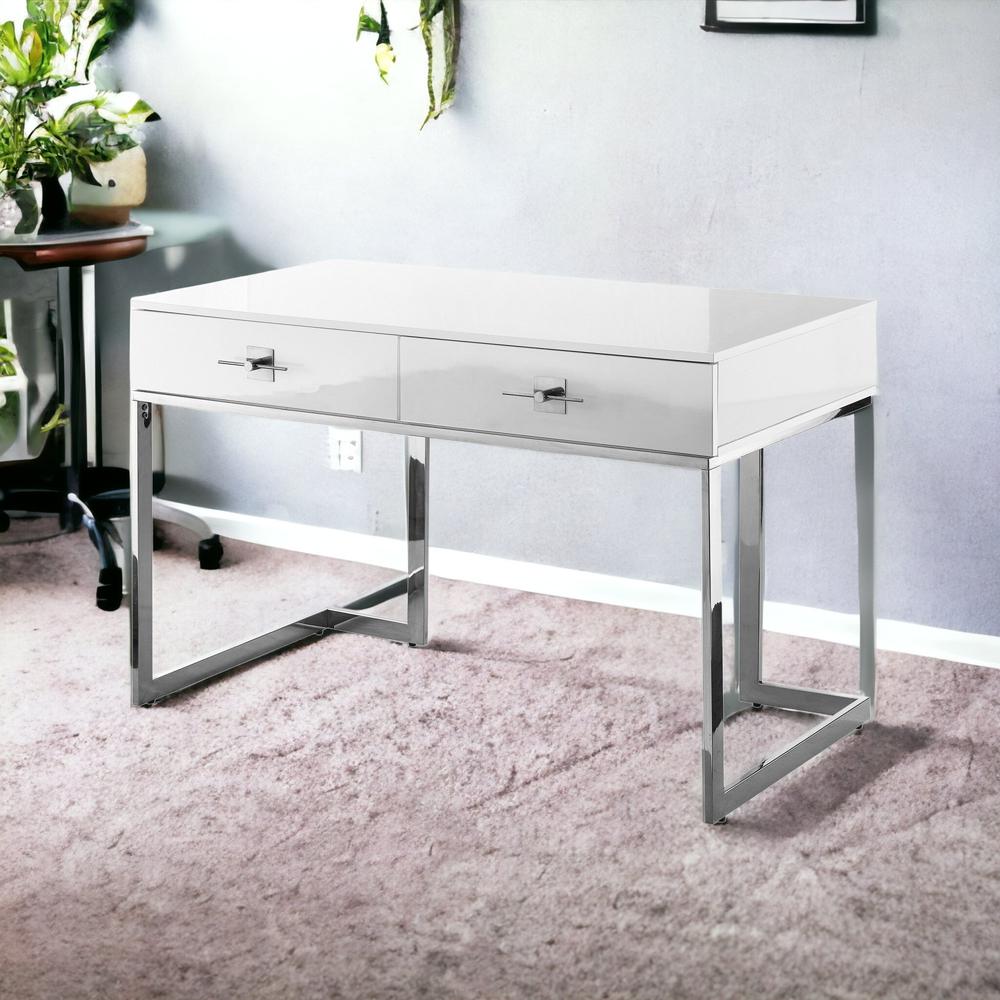 47" White and Silver Metallic Writing Desk With Two Drawers. Picture 2