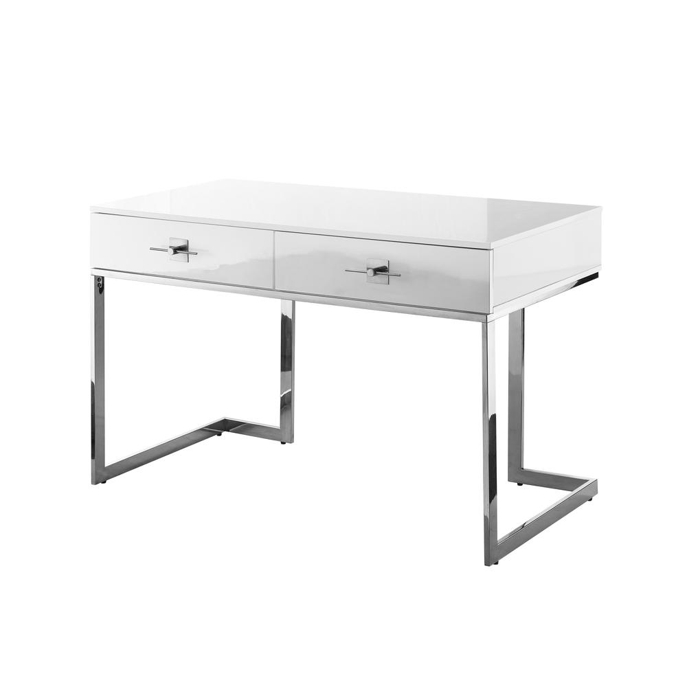 47" White and Silver Metallic Writing Desk With Two Drawers. Picture 1