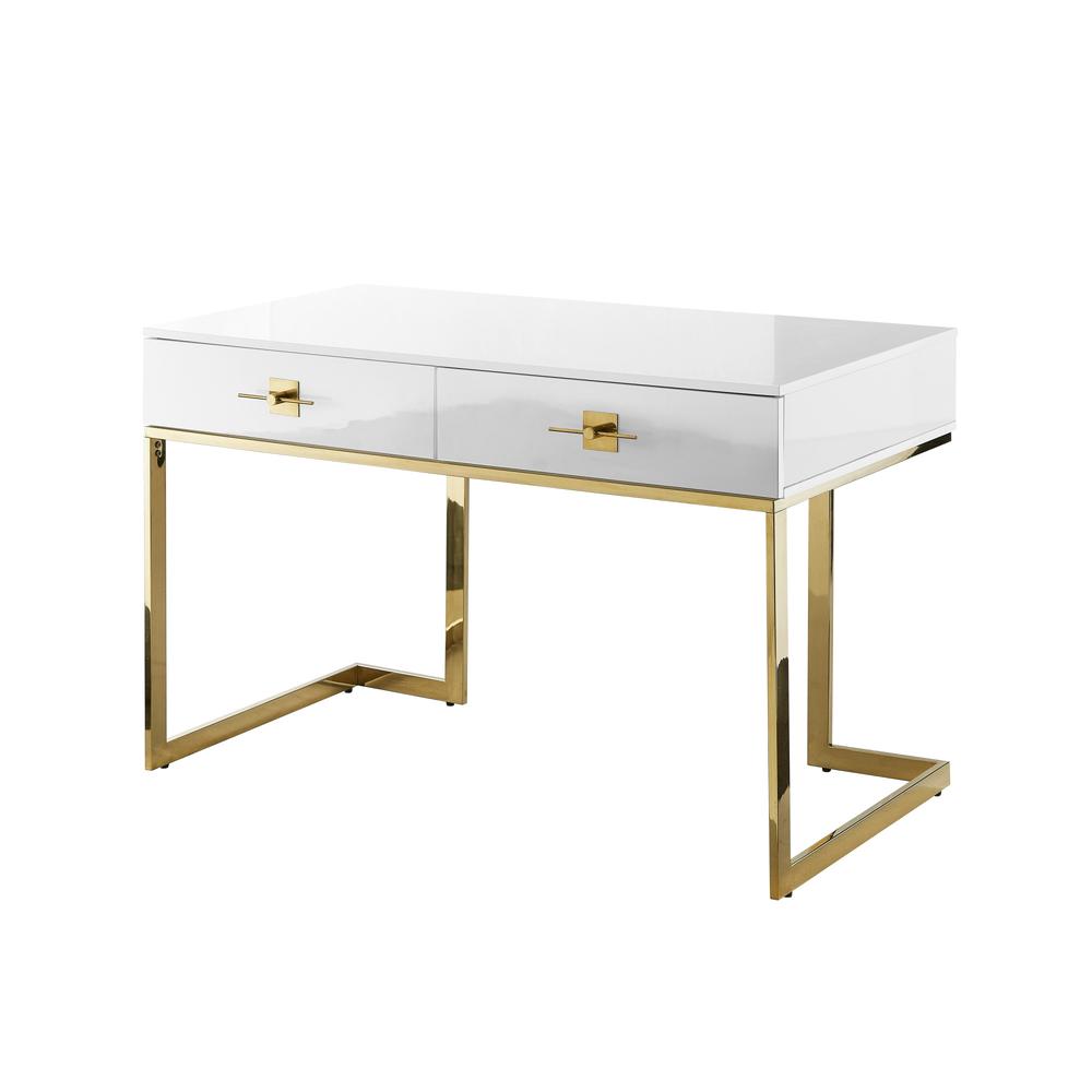 47" White and Gold Writing Desk With Two Drawers. Picture 1