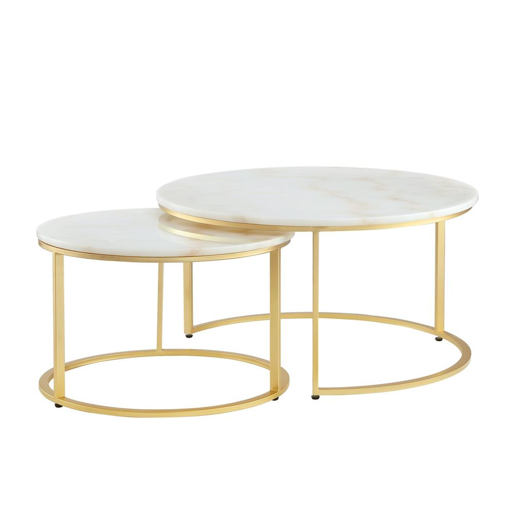 Set of Two 31" White, Gold Genuine Marble, Iron Round Nested Coffee Tables. Picture 1