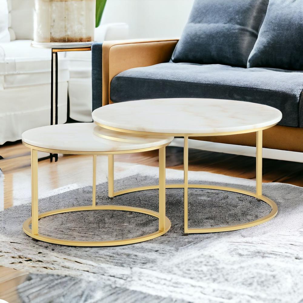 Set of Two 31" White, Gold Genuine Marble, Iron Round Nested Coffee Tables. Picture 2