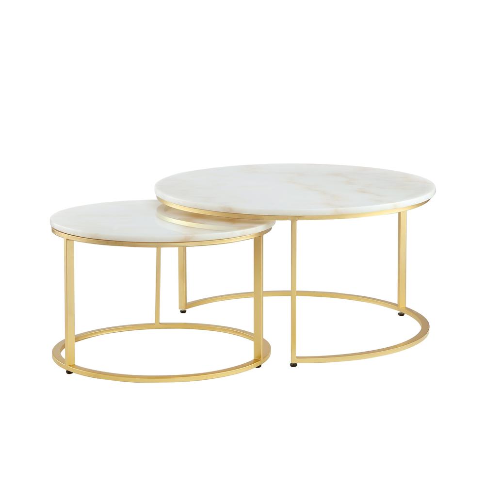Set of Two 31" White, Gold Genuine Marble, Iron Round Nested Coffee Tables. Picture 3