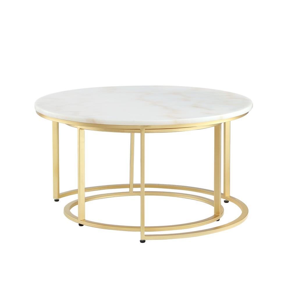 Set of Two 31" White, Gold Genuine Marble, Iron Round Nested Coffee Tables. Picture 4