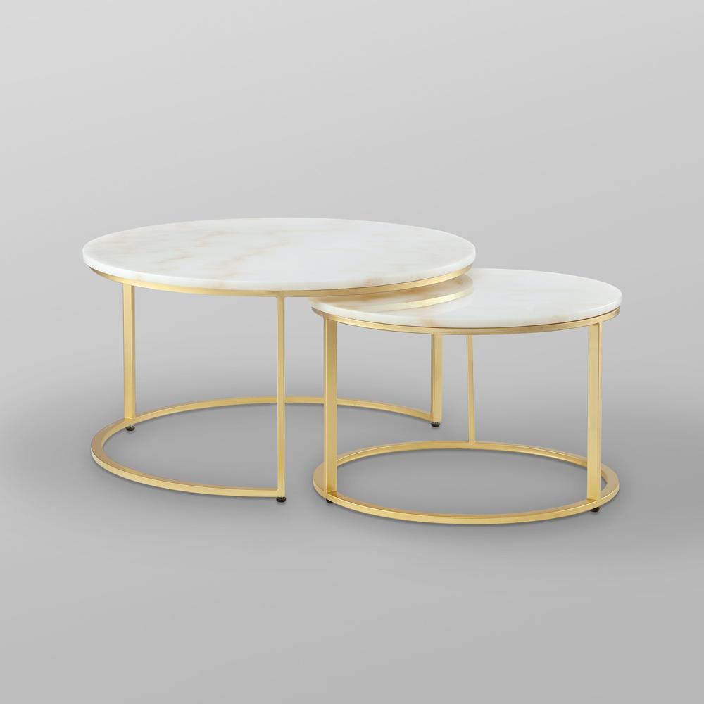 Set of Two 31" White, Gold Genuine Marble, Iron Round Nested Coffee Tables. Picture 8