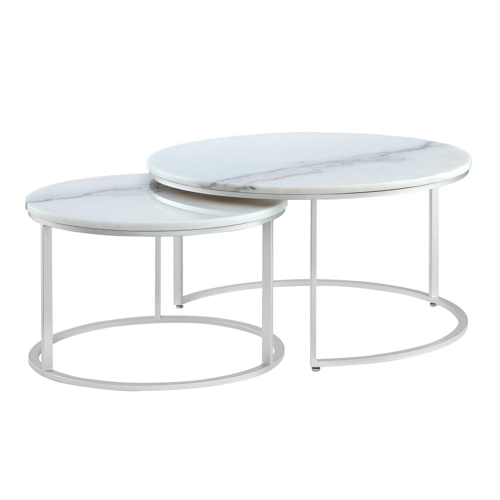 Set of Two 31" White, Silver Genuine Marble, Iron Round Nested Coffee Tables. Picture 1