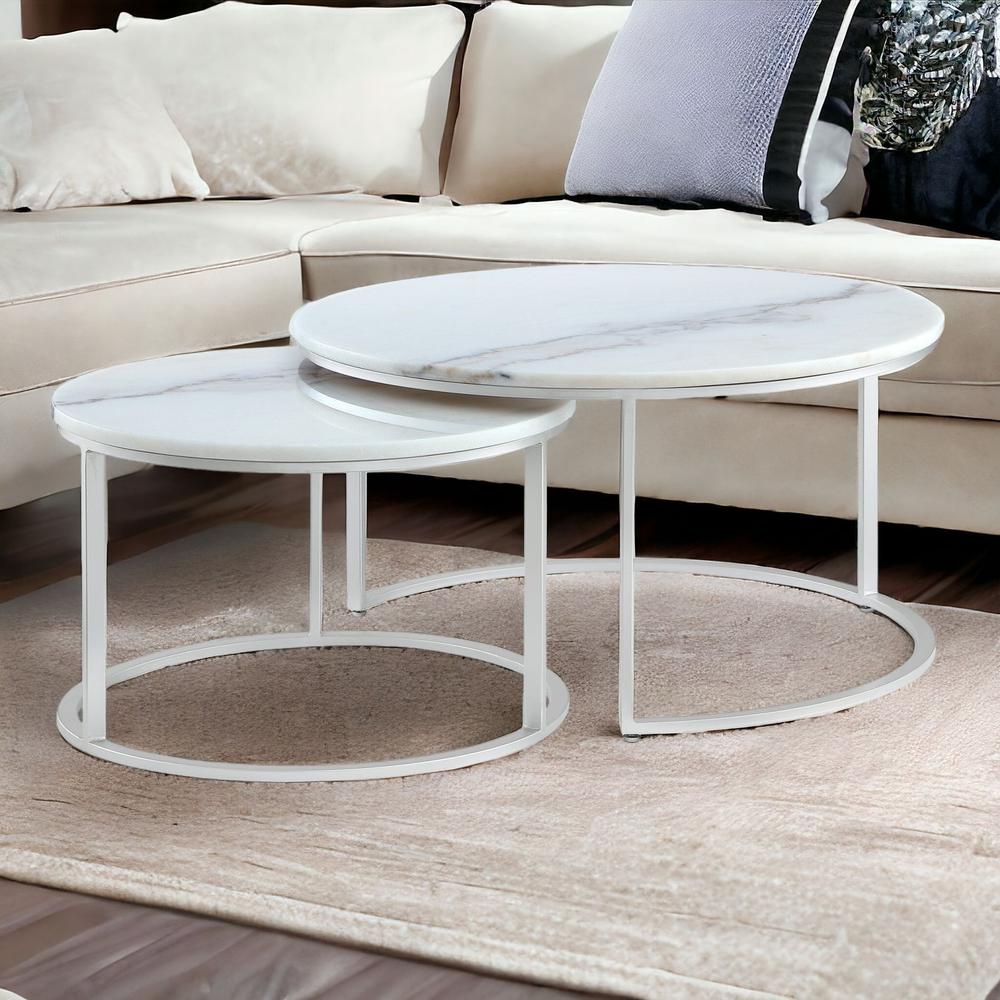Set of Two 31" White, Silver Genuine Marble, Iron Round Nested Coffee Tables. Picture 2