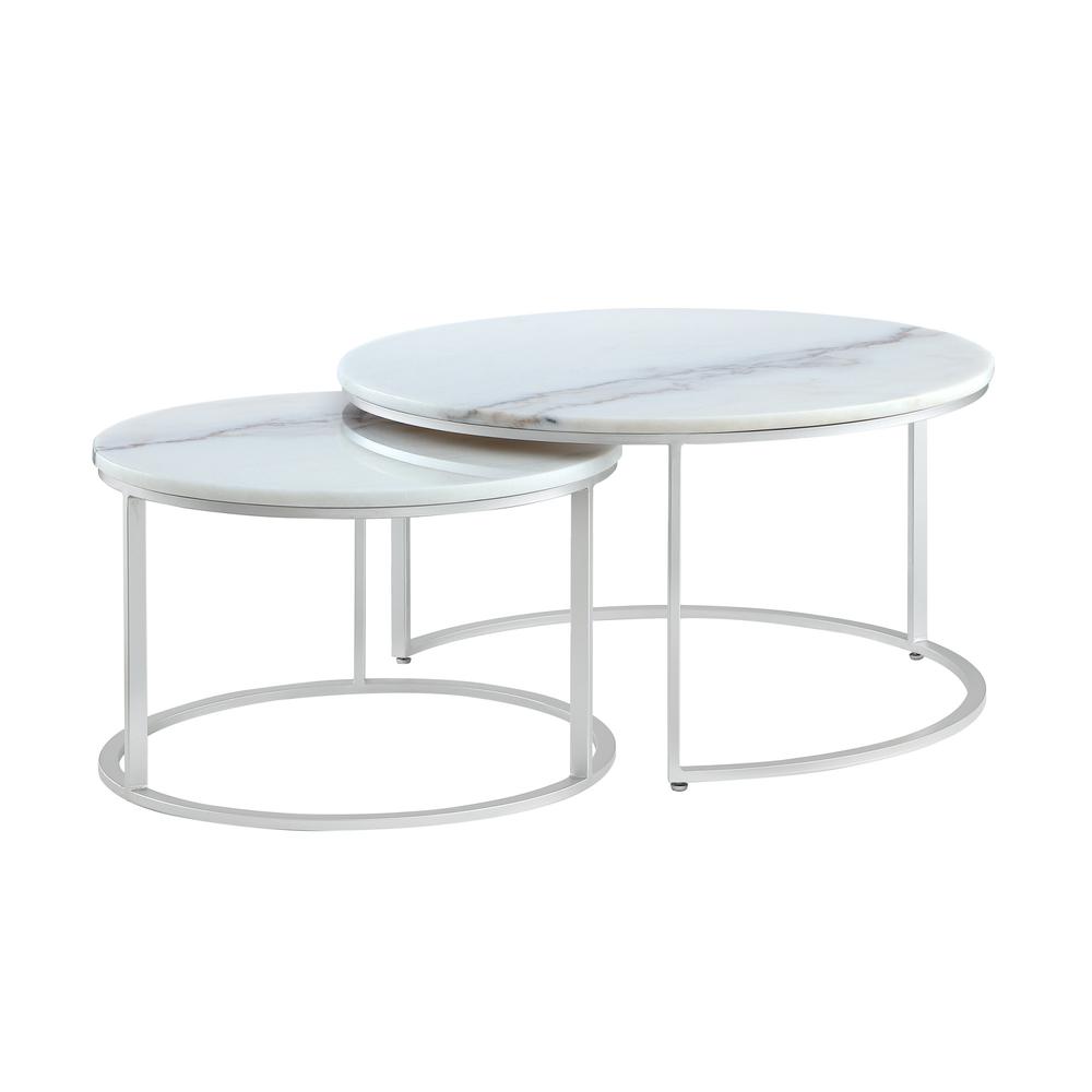 Set of Two 31" White, Silver Genuine Marble, Iron Round Nested Coffee Tables. Picture 3