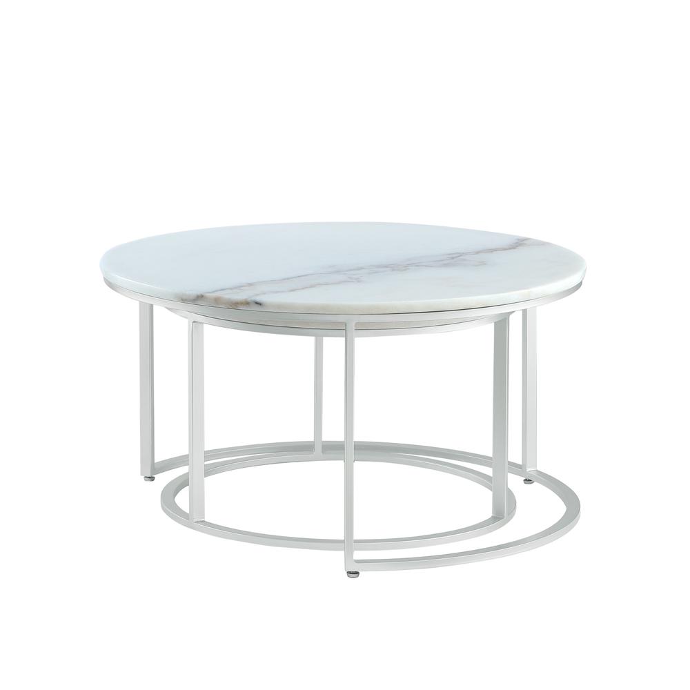 Set of Two 31" White, Silver Genuine Marble, Iron Round Nested Coffee Tables. Picture 4