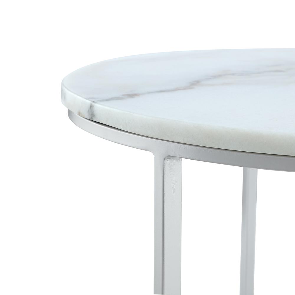 Set of Two 31" White, Silver Genuine Marble, Iron Round Nested Coffee Tables. Picture 6