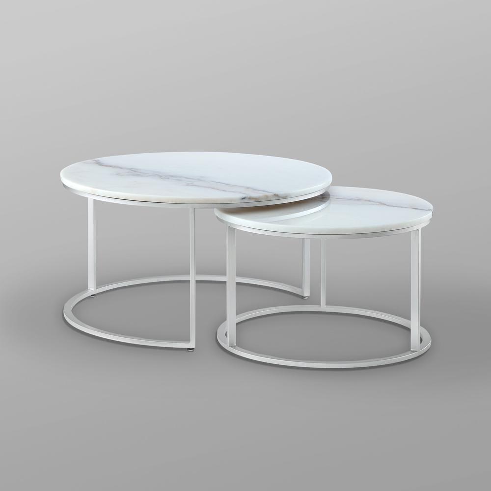 Set of Two 31" White, Silver Genuine Marble, Iron Round Nested Coffee Tables. Picture 8