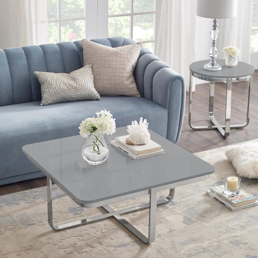 35" Light Gray And Silver Metallic Stainless Steel Square Coffee Table. Picture 7