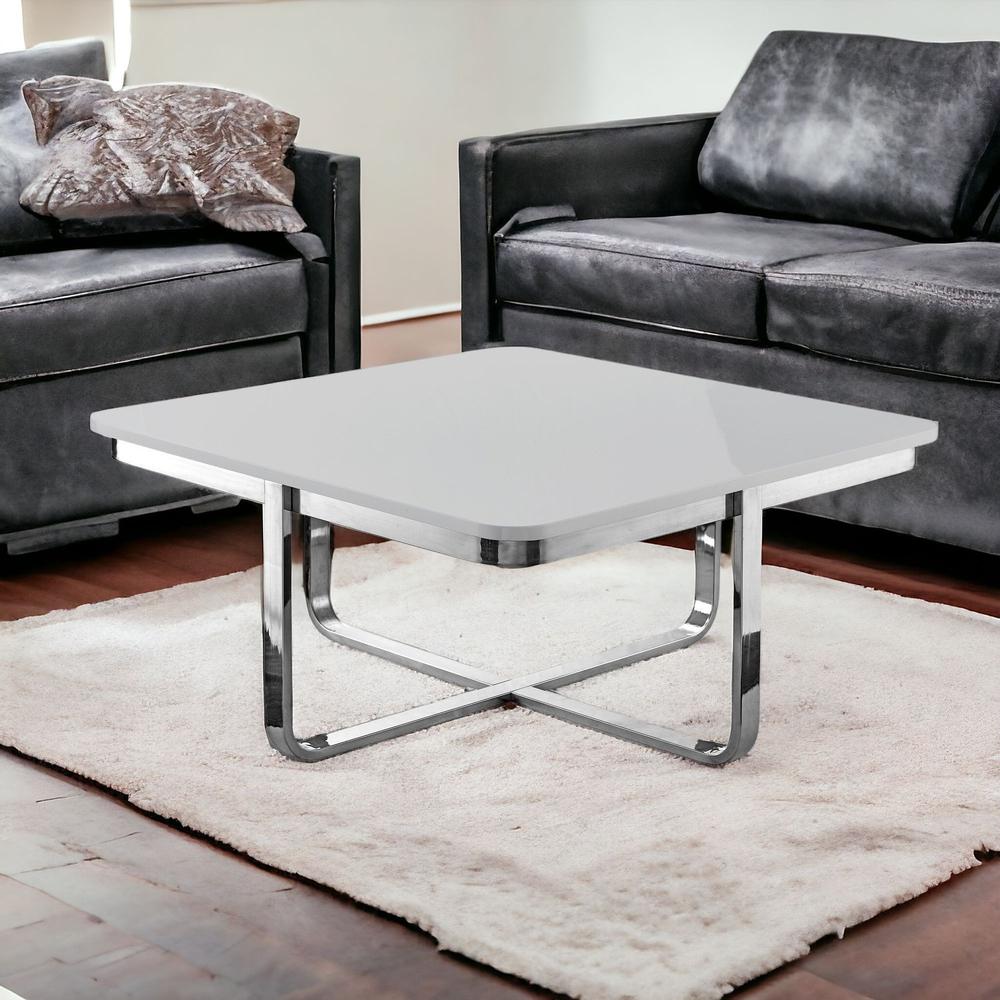 35" Light Gray And Silver Metallic Stainless Steel Square Coffee Table. Picture 2
