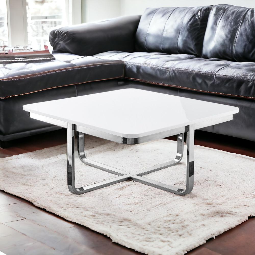 35" White And Silver Metallic Stainless Steel Square Coffee Table. Picture 2