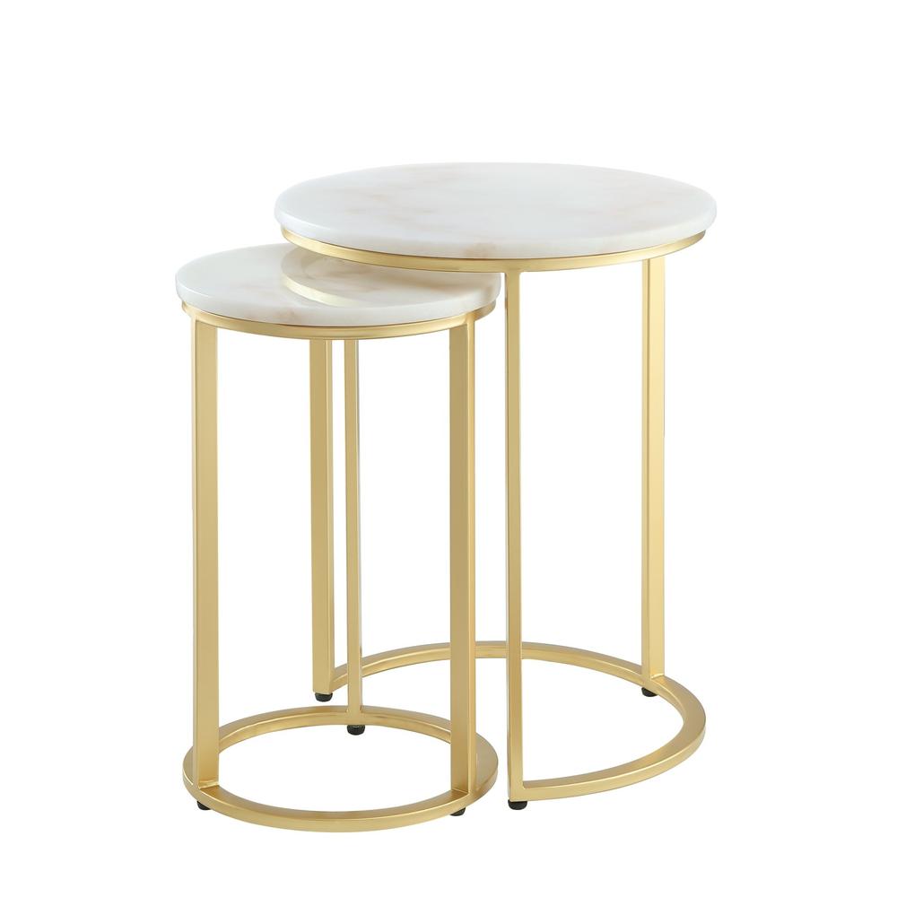 Set of Two 22" Gold and White Marble Round Nested Tables. Picture 1