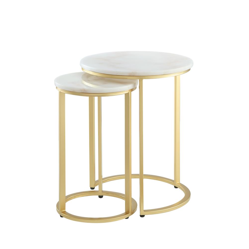 Set of Two 22" Gold and White Marble Round Nested Tables. Picture 3