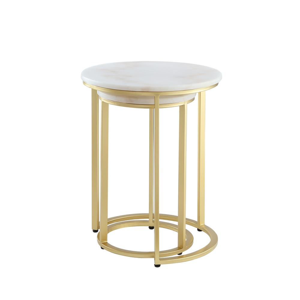 Set of Two 22" Gold and White Marble Round Nested Tables. Picture 4