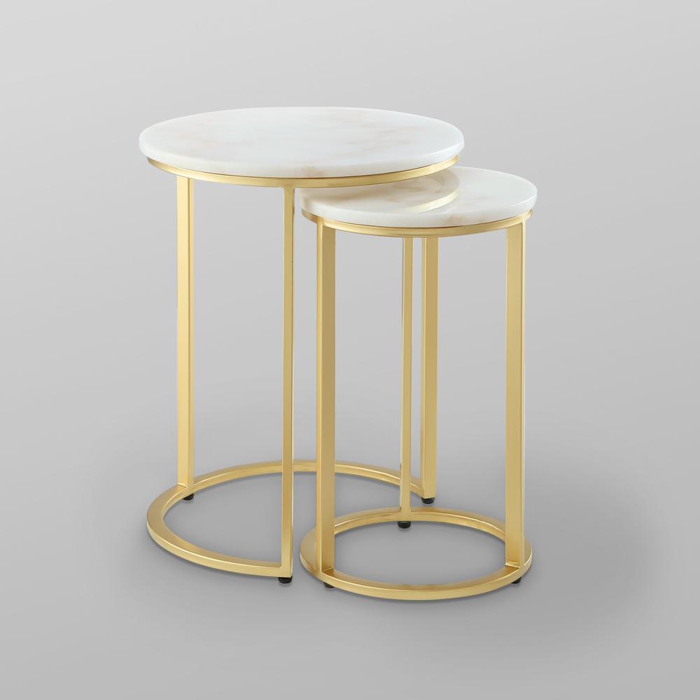 Set of Two 22" Gold and White Marble Round Nested Tables. Picture 9