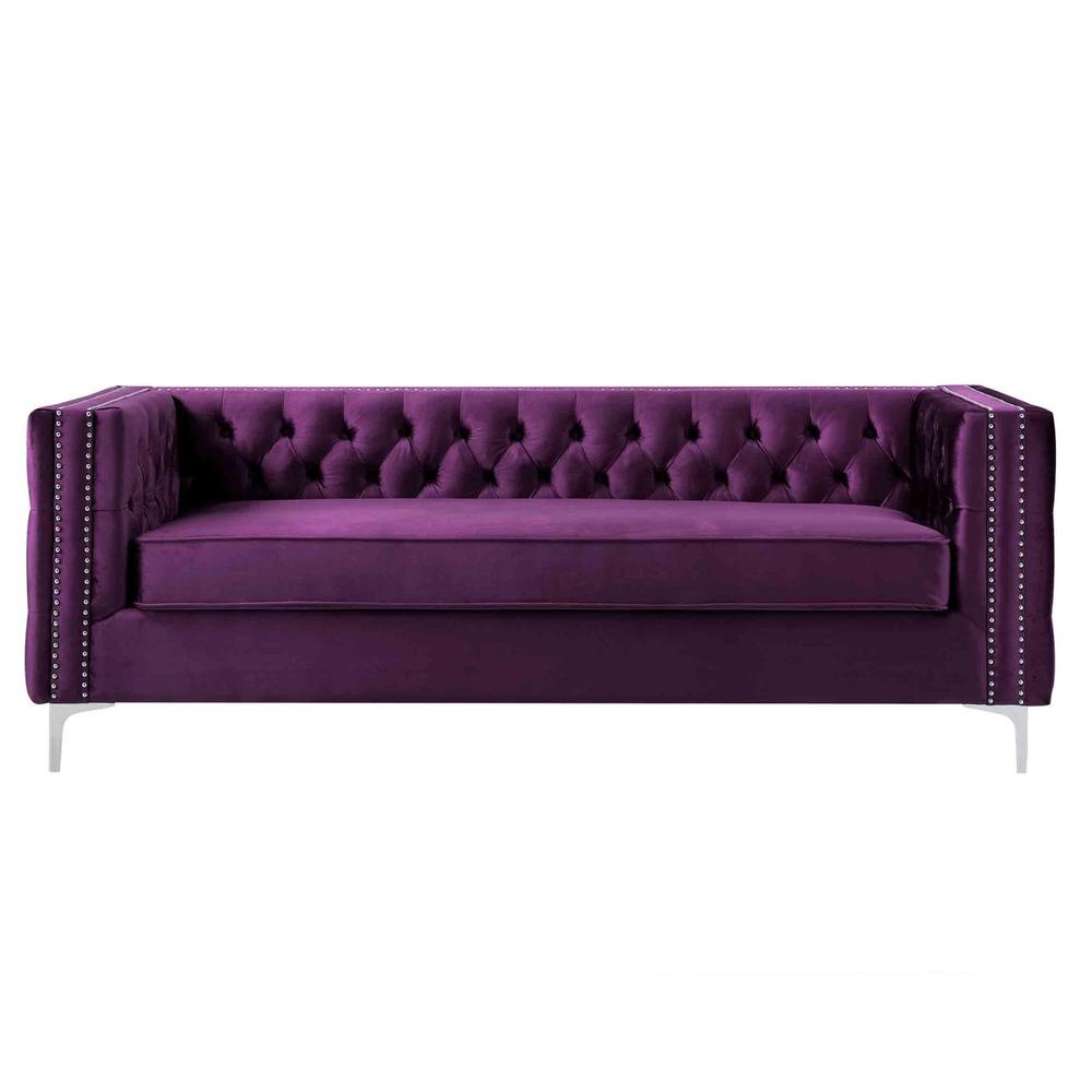 84" Purple And Silver Velvet Sofa. Picture 1