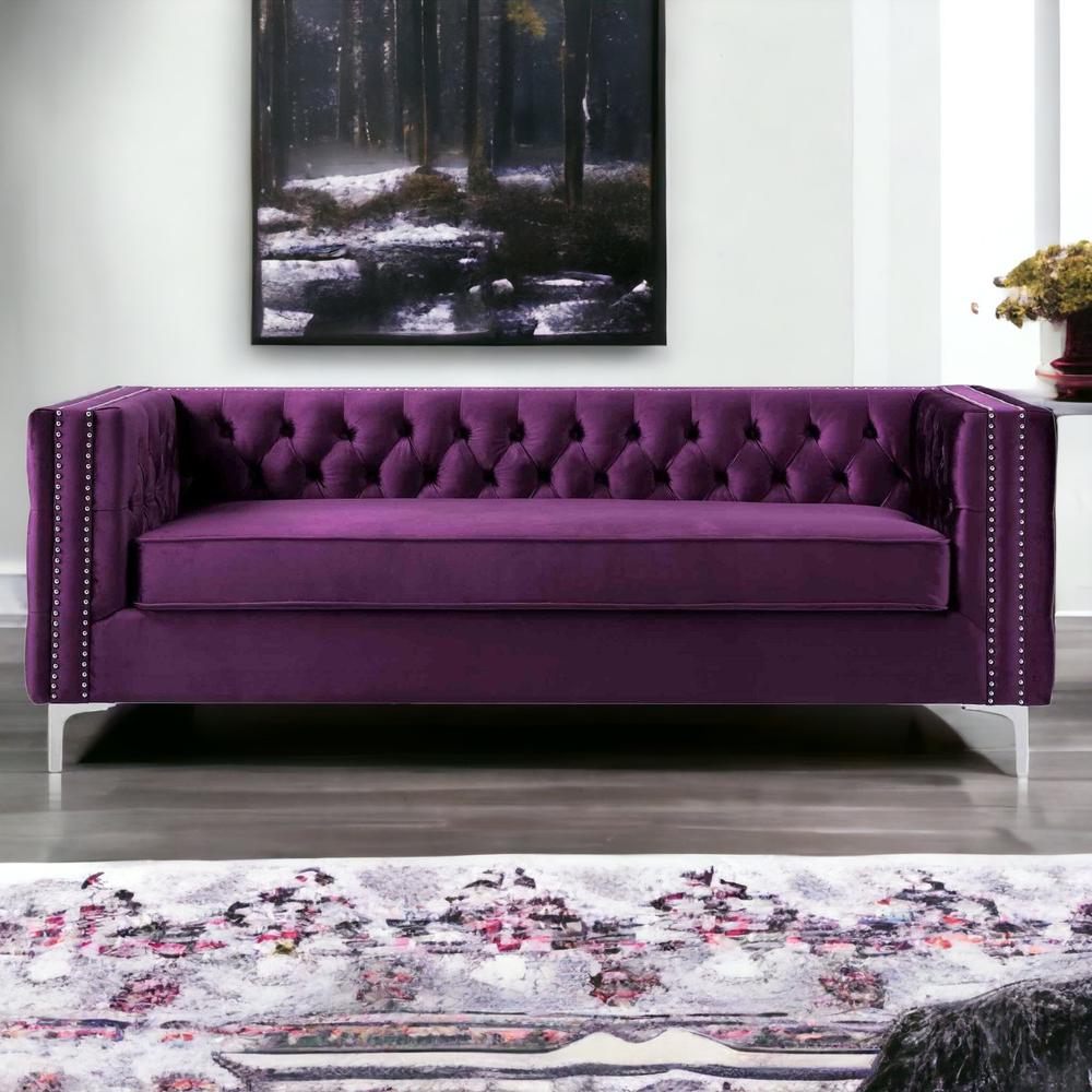 84" Purple And Silver Velvet Sofa. Picture 2