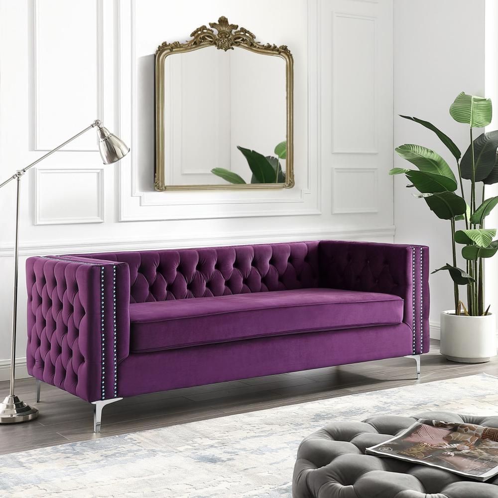84" Purple And Silver Velvet Sofa. Picture 7