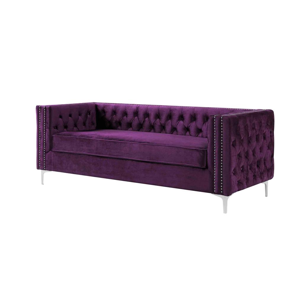 84" Purple And Silver Velvet Sofa. Picture 3