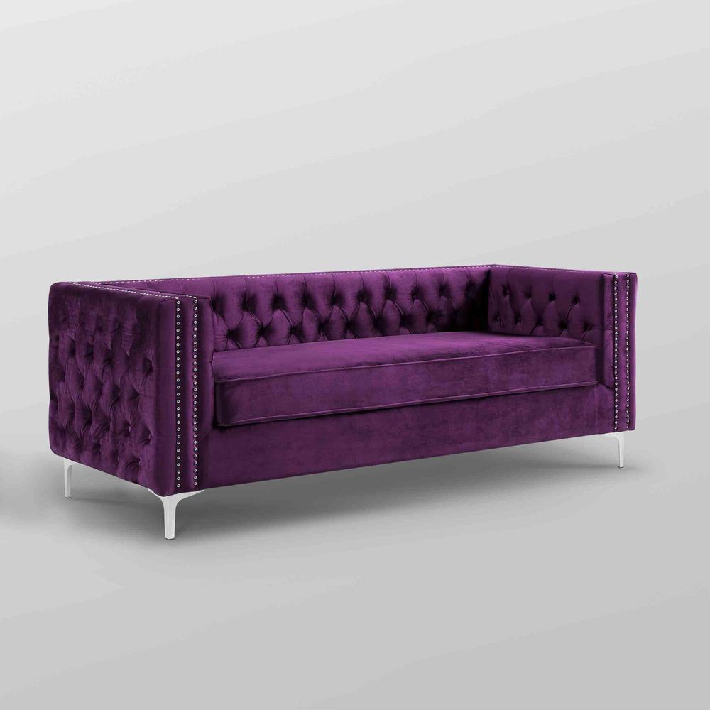 84" Purple And Silver Velvet Sofa. Picture 6