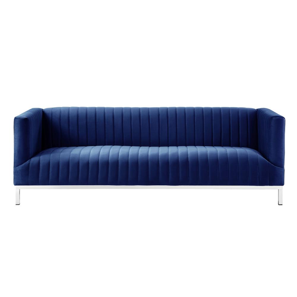 85" Navy Blue Velvet and Silver Sofa. Picture 3
