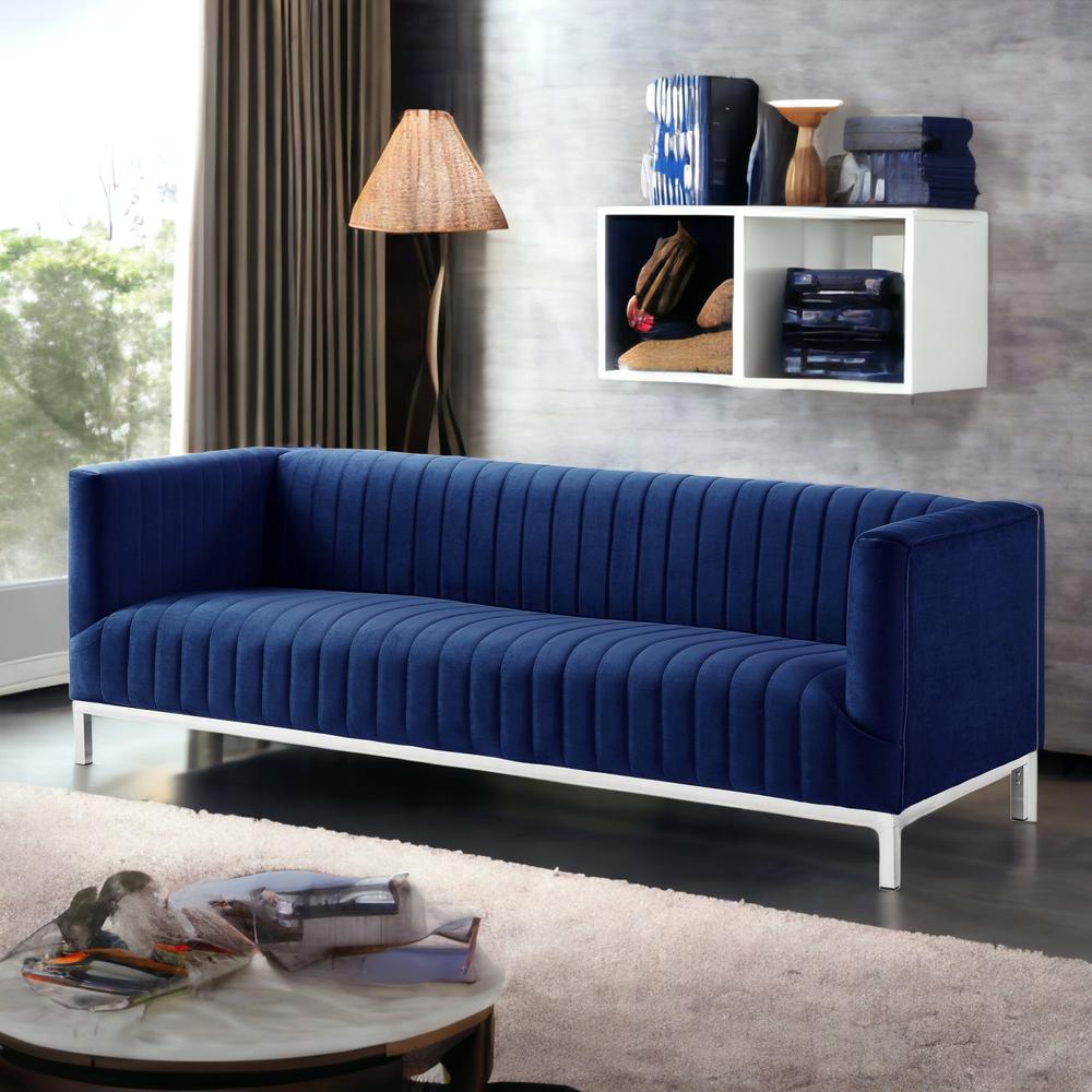 85" Navy Blue Velvet and Silver Sofa. Picture 2