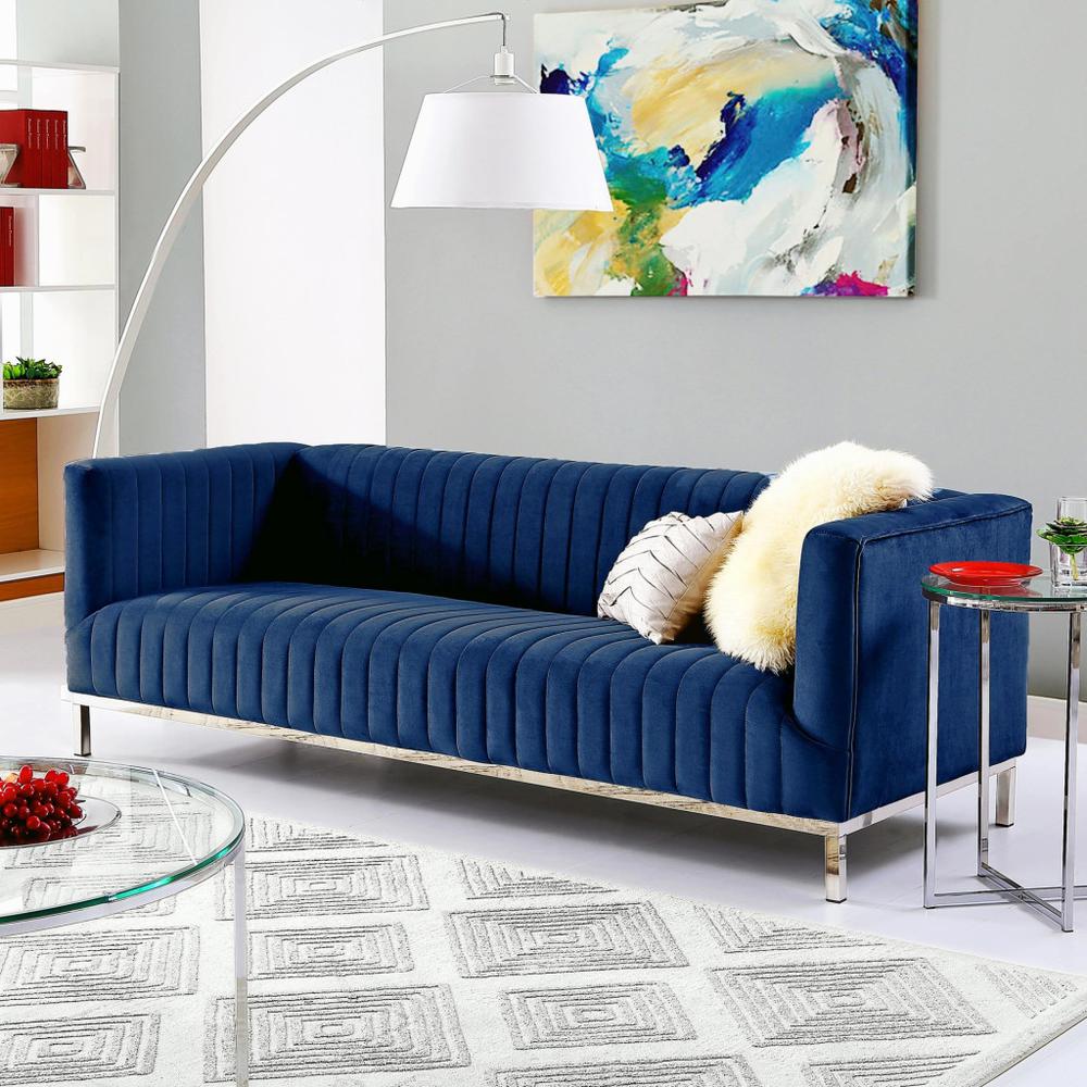 85" Navy Blue Velvet and Silver Sofa. Picture 8