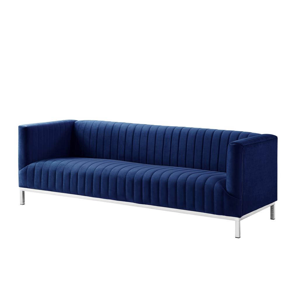 85" Navy Blue Velvet and Silver Sofa. Picture 1