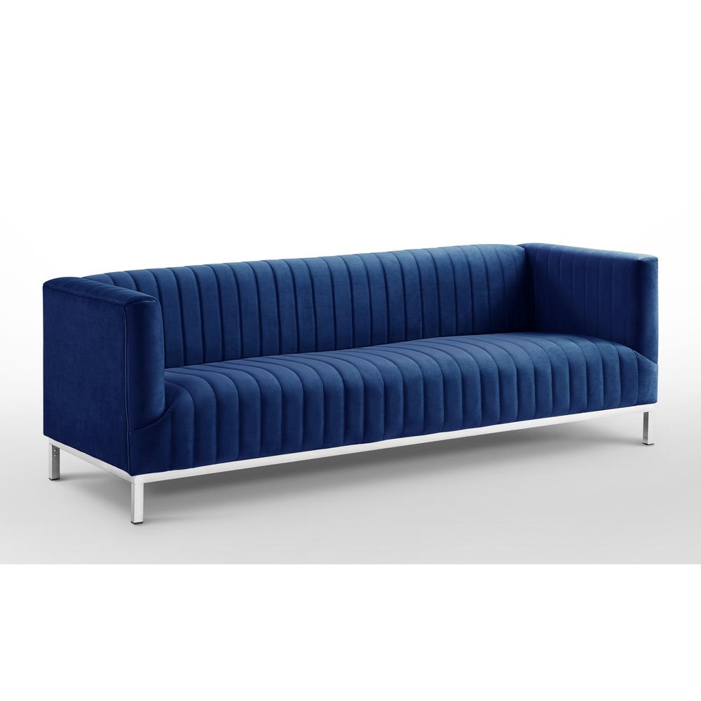 85" Navy Blue Velvet and Silver Sofa. Picture 5