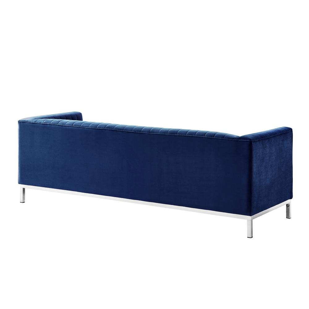85" Navy Blue Velvet and Silver Sofa. Picture 6