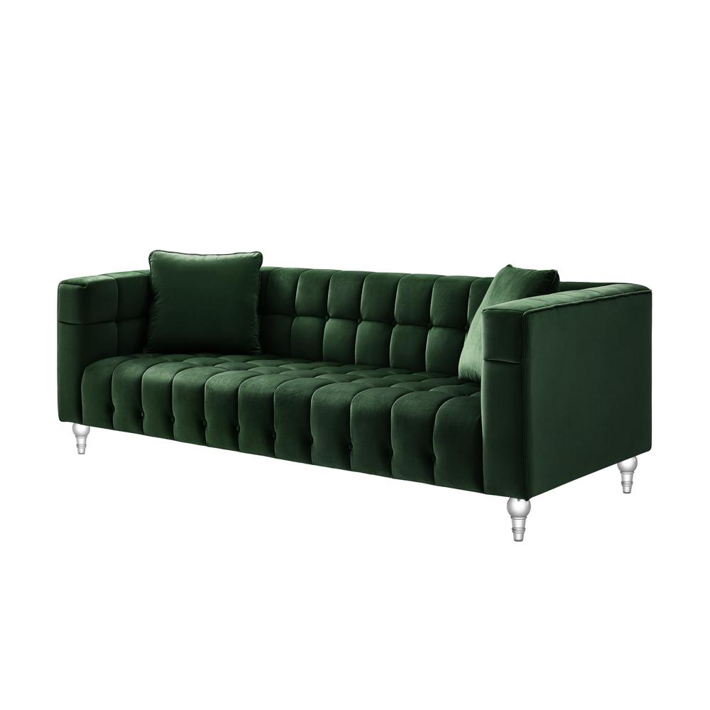88" Hunter Green Velvet and Clear Sofa and Toss Pillows. Picture 1