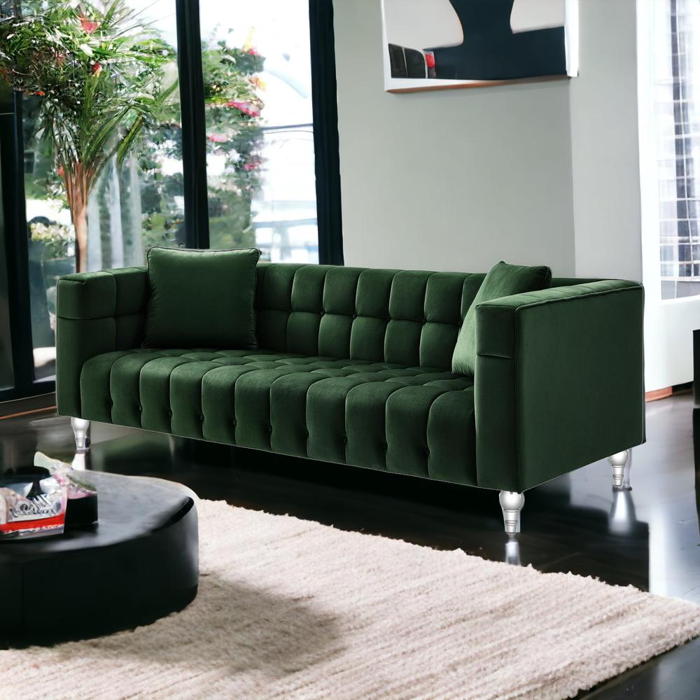 88" Hunter Green Velvet and Clear Sofa and Toss Pillows. Picture 2
